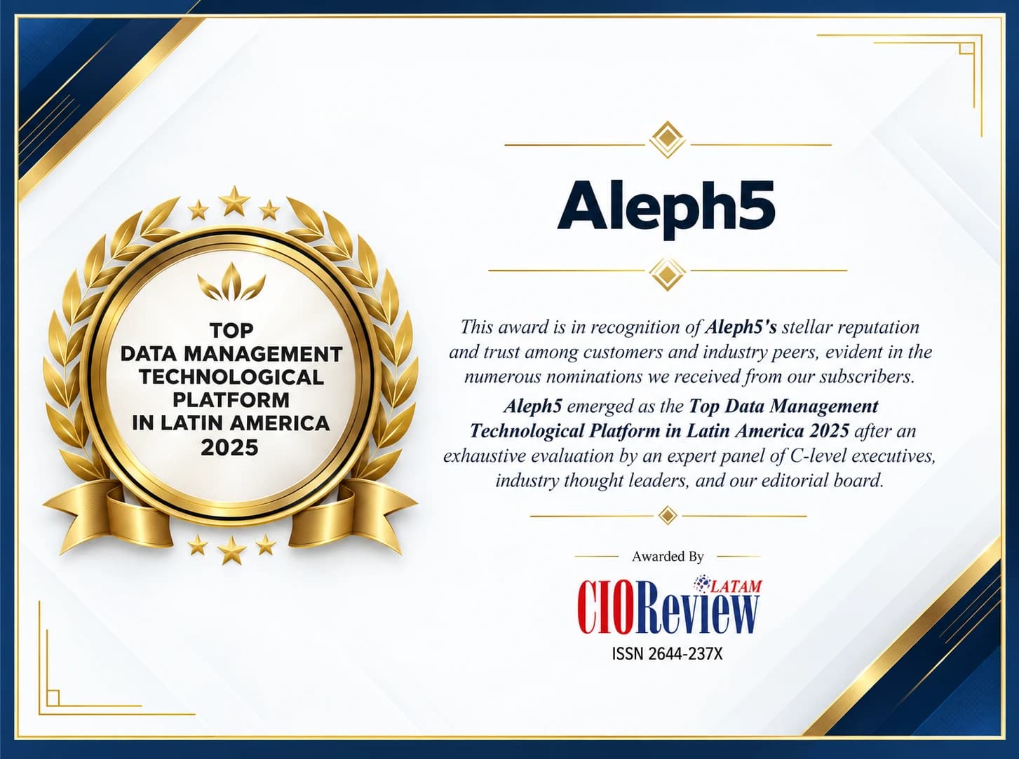 Reconocimiento de CIOReview a Aleph5 como Top Data Management Technological Platform in Latin America 2025