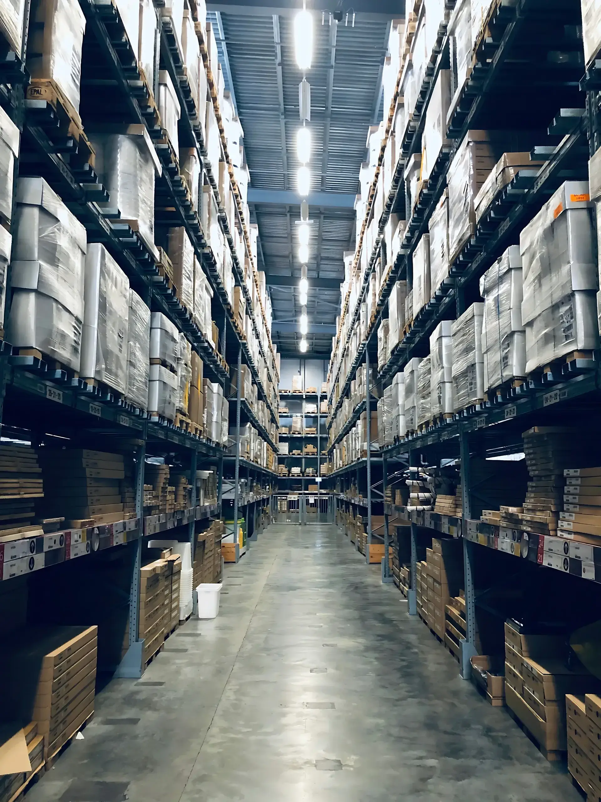 Pasillo de un centro de distribución con racks de almacenamiento